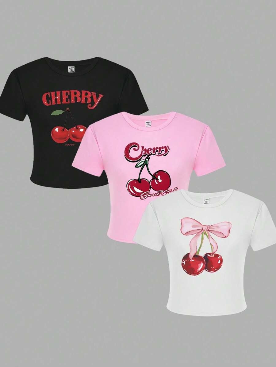 SHEIN 3 件装夏季少女时尚短款 T 恤，粉色/白色/黑色，印有樱桃水果图案，适合外出、度假和日常穿着 - 彩色 - 查看 1