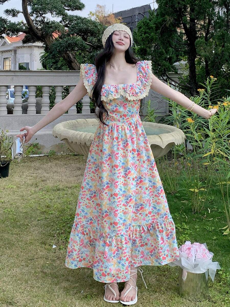 DAZY 女士蕾丝边饰短袖中长连衣裙,夏季,适合情人节、花卉图案、挤奶女工装、荷叶边度假装、复活节波西米亚风长裙 - 粉色 - 查看 1