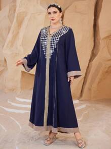 Layrah Customized Floral Trim Splice Luxurious And Elegant Robe Kaftan Jalabiya Dress - Navy Blue - View 4