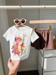 SHEIN 2 Peças/Conjunto Bebê Menino Estampa de Desenho Animado Malha Macia Gola Redonda Manga Curta Top e Conjunto de Shorts Cintura Elástica de Cor Sólida - Multicolorido - Visão 6