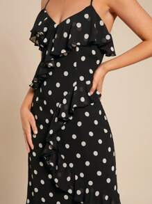 Amorya Women Long Polka Dot Dress, Black & White Sleeveless Ruffle Hem Fishtail Bodycon Elegant Dress For Casual, Date, Spring & Summer Fall/Winter Women Clothes Back To School Modest Vintage Old Money Teacher Outfits For Women Airport Summer Holiday Outfits Black Dress  Polka Dot Top - Black and White - View 1