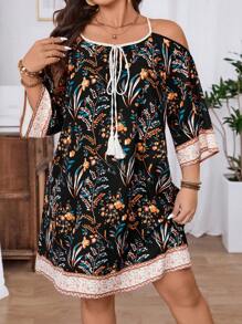 Breezaya Plus Size Women's Plant Print Off Shoulder Loose Vacation Dress