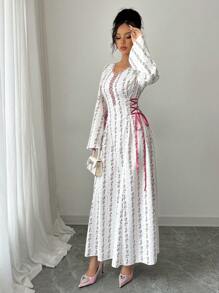 Yasmyna Vestido de verano modesto con estampado, de manga larga, cuello de volantes con lazo, estilo árabe, para mujer