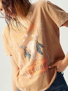 Bohemela 波西米亚风夏季西部牛仔牛头图案 V 领宽松针织短袖 T 恤女款 - 芥末黃 - 查看 1