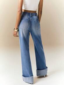 Poéselle Jeans rectos de ajuste delgado de denim azul para mujer, atuendos de verano para mujer, jeans holgados para mujer, atuendos para salir, estilo de los 2000