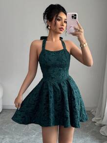 Elenzga Strapless Cinched Waist A-Line Backless Jacquard Elegant Romantic Women Dress