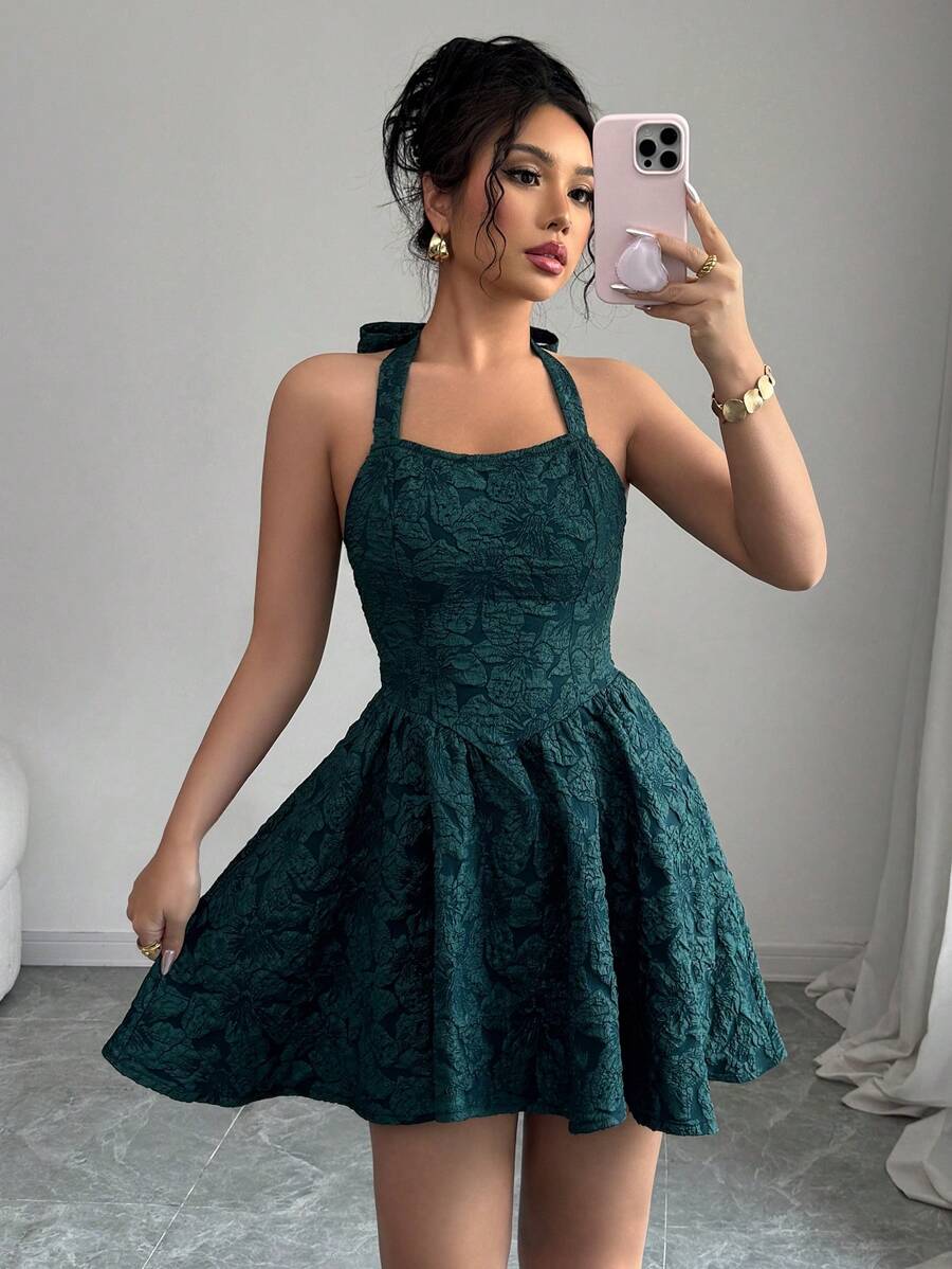 Elenzga Strapless Cinched Waist A-Line Backless Jacquard Elegant Romantic Women Dress