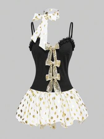 Kawaii Y2K Punktmuster Schleifenband Minikleid ultra kurz