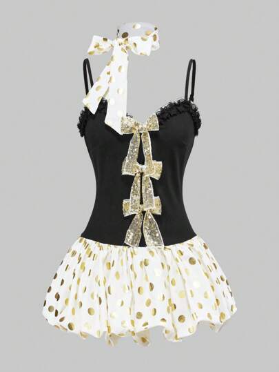 Kawaii Y2K Polka Dot Ribbon Tie Supershort Mini Dress