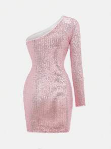 Solid-Color Mesh & Glitter Teen Girls Long Sleeve Snug Fit Mini Dress - Pink - View 2