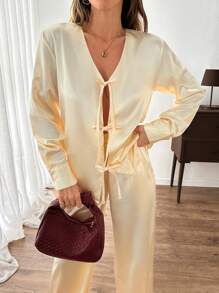 EURMUSE Woven Satin Bow Front Detailed Satin Blouse And Satin Pant Two Pieces Set - Beige - View 2