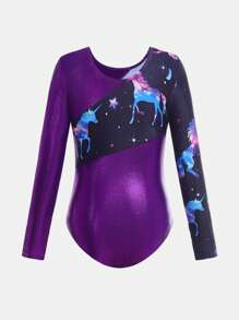 SHEIN Young Girls Clothing Patchwork Long Sleeve Pegasus Unicorn & Starry Sky Pattern Gymnastics Leotard, Sports & Ballet Dance Bodysuit - Purple - View 2