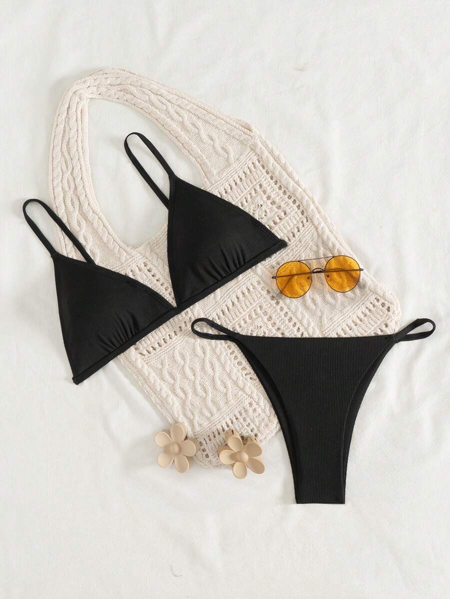 SHEIN Swim Women's Basic Solid Ribbed Triangle Bikini Set, For Summer Beach Vacation - Black - View 1