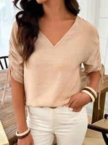 SHEIN LUNE Drawstring Solid Color Casual Shirt, Simple & Fashionable For Everyday Wear - Khaki - View 6