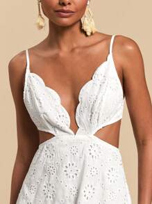 Travachic Solid Color Woven Eyelet Embroidery Waisted Hollow Out Strap Women Long Dress,Dresses For Women,Summer Outfits For Women - White - View 4