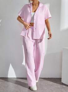 SHEIN PETITE Nuevo conjunto informal de 2 piezas con camisa de manga corta y pantalones con estampado de rayas rojas y blancas