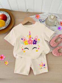 SHEIN 2pcs/Set Young Girl Cute Flower & Unicorn Minimalist Casual Loose Short Sleeve T-Shirt And Shorts Suit, Suitable For Summer - White - View 3