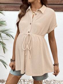 SHEIN Pregnant Women's Solid Color Bat Sleeve Tie-Waist Nursing Shirt