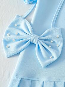 Gentle Sweet Summer New Style Fashion Elegant Girls Round Neck Puff Sleeve Splice Pleated Hem Bow Decor Princess Dress