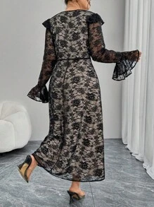 Modelyn Elegant V-Neck Plus Size Lace Midi Dress Fall Cloth For Women - Black - View 6