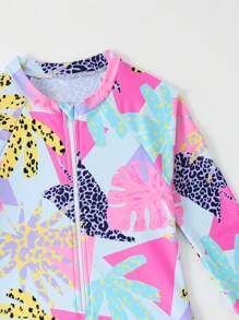 SHEIN Young Girl 2025 New One Piece Printed Swimsuit, Zipper Long Sleeve Beachwear, Vacation Swimwear Summer Holiday - Hot Pink - View 3