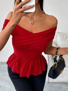 Chiquease Women Off Shoulder Solid Minimalist Crisscross Hem Ruffle T-Shirt - Red - View 3