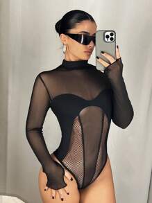 SHEIN ICON 立领网布修身长袖黑色紧身衣 - 黑色 - 查看 3