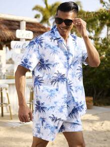 Manfinity Swimmode Men's Coconut Tree Print Short Sleeve Shirt And Shorts Set, Summer Beach Man Swim Trunks - Blue and White - View 3