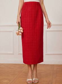 Chiquease Chân váy xẻ tà cạp cao thanh lịch với khóa kéo, kiểu dáng đơn giản và dễ phối đồ, màu đỏ sang trọng, ôm sát cơ thể, thích hợp cho mùa thu. - Đỏ - Xem 1