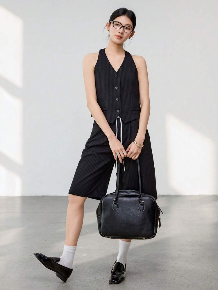 Women's 2pcs Business Casual Striped Vest And Straight Leg Pants Suit Old Money Style,Short Women Sets