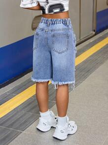 SHEIN Tween Girl's Y2K High Waisted Loose Fit Light Blue Ripped Baggy Soft Denim Bermuda Jeans Long Shorts With Raw Hem,Summer Biker Shorts Boho Beach Concert Rave Festival Outfits,Girls Cute Summer Short Graduation Outfits