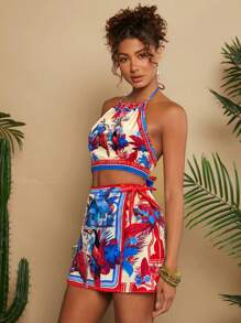 Travachic 2pcs/Set Vacation Parrot & Botanical Print Halter Crop Top And Mini Skirt Shorts - Red - View 6