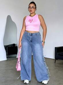 SHEIN MOD Jeans anchos de pierna ancha y sueltos de talla grande con lazo en la cintura, jeans con lazo, pantalones de jeans para mujeres, pantalones holgados para mujeres, azul - Lavado ligero - Ver 1