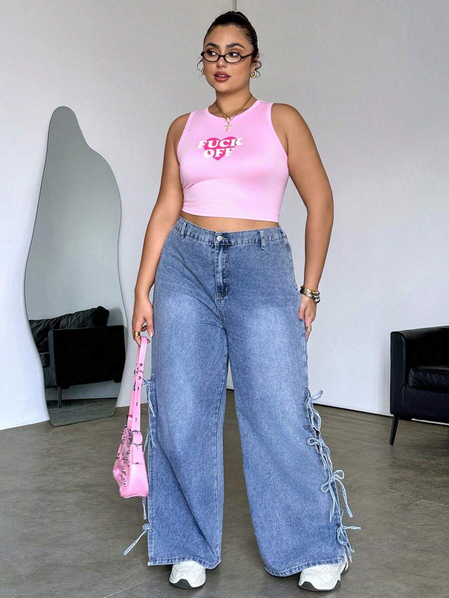 SHEIN MOD Jeans anchos de pierna ancha y sueltos de talla grande con lazo en la cintura, jeans con lazo, pantalones de jeans para mujeres, pantalones holgados para mujeres, azul - Lavado ligero - Ver 1