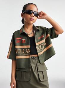 Coolane Kids Tween Girls Spring/Summer Streetwear Ricing Back To School Festival Sport Graphics Crop Loose Army Green Shirts,Parent-Child Clothing - Army Green - View 4