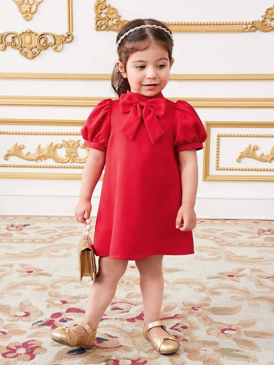 SHEIN Babygirl 优雅可爱红色蝴蝶结装饰短袖迷你连衣裙 - 紅色 - 查看 1