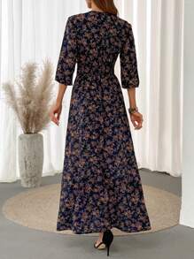 SHEIN LUNE Shirred Puff Sleeve, Cinched Waist, Ruffle Hem A-Line Dress, Casual Vacation Elegant Outfit For Ladies - Multicolor - View 2