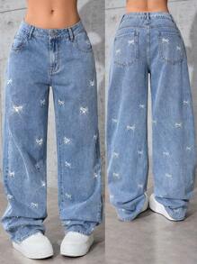 Jeanoix 女士休闲水钻刺绣蝴蝶结口袋牛仔裤