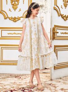 SHEIN Leap Crew 2pcs Set Tween Girls Loose Elegant Minimalist Round Neck Cap Sleeve Embroidered Fabric Dress With Fringed Jacket - White - View 6