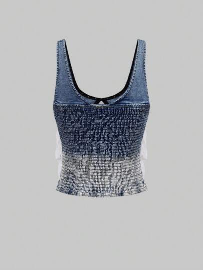 Sexy Y2K Tie-Up Hollow-Out Ombre Denim Crop Top For Women