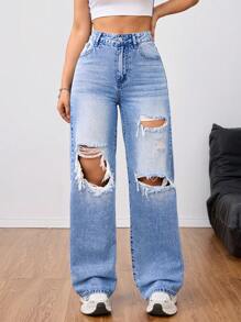 SHEIN Tall بنطلون جينز نسائي كاجوال مزود بجيب وتصميم ممزق مميز ، متعدد الاستخدامات - الأزرق - مشاهدة 3