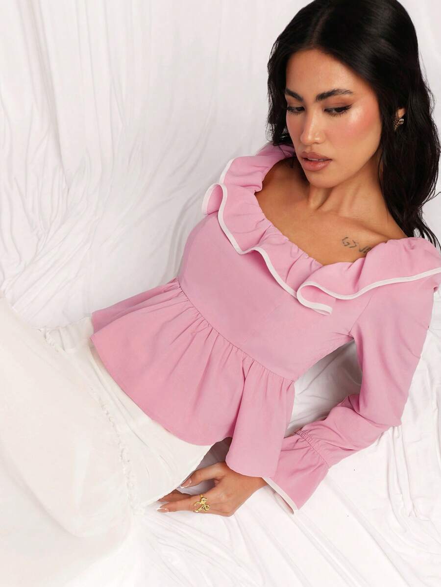 COSMINA Women's Elegant Pink And White Ruffled Collar Blouse, Suitable For Spring And Summer - Pink - View 1