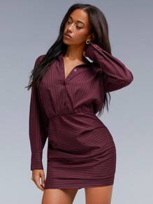 Athîral 女式条纹长袖褶皱休闲衬衫裙 - 酒紅色 - 查看 2