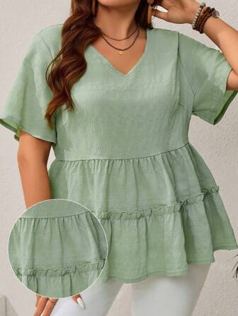EMERY ROSE Plus Size Women's Mint Green V-Neck Texture Cake Split Stitching Ruffled Holiday Shirt,Spring Outfits For Women Summer Outfits For Women