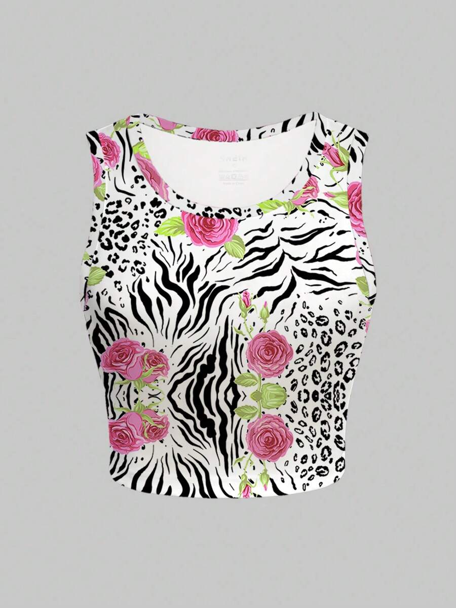 INAWLY Parte superior de tirantes con estampado floral y de rayas de cebra - Blanco - Ver 1