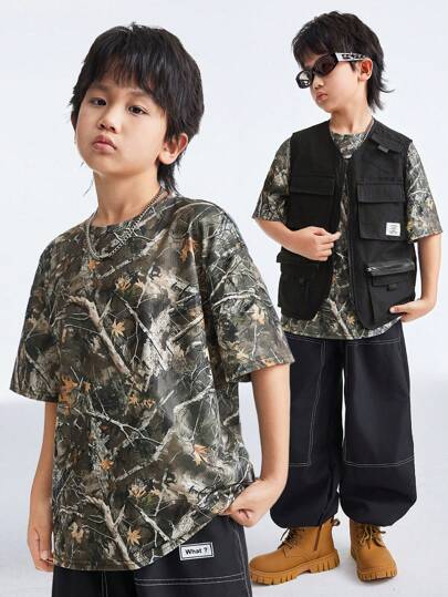 Coolane Kids Tween Boys Spring/Summer  Streetwear/Casual Camouflage Print/Tree Branch Pattern Round Neck Short Sleeve T-Shirt
