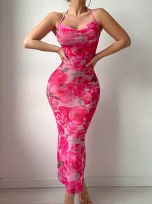 SHEIN 2 Pieces Set: Sexy Mesh Print Ruched Neck Spaghetti Strap Bodycon Maxi Dress For Going Out - Hot Pink - View 3