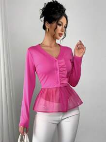 SHEIN Unity Modisches T-Shirt mit V-Ausschnitt und kontrastierendem Netzstoff, sexy Stil, geeignet für Verabredungen am Valentinstag, Damen - Heißes Pink - Übersicht 4