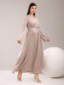 Modelyn 女士优雅长款珍珠装饰长袖连衣裙 - 香檳色 - 查看 6