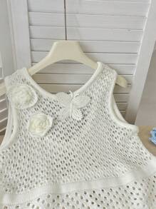 SHEIN LUNE 女士 3D 花卉流苏下摆露背蝴蝶结钩针针织毛衣上衣 - 杏色 - 查看 4